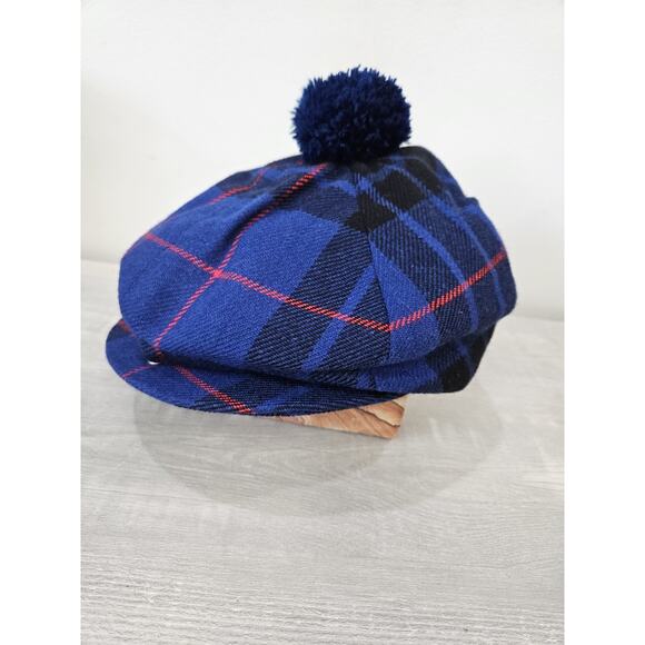 Vintage Hats of Ireland Castlebar Fox Hunter BluePlaid Pom Pom 6 5/8 - 6 3/4 - Picture 1 of 7